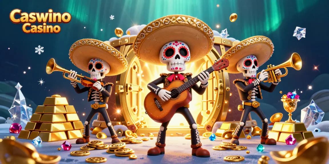 Experience the thrill of Caswino Casino with a vibrant 3D mariachi band and treasure-filled atmosphere.