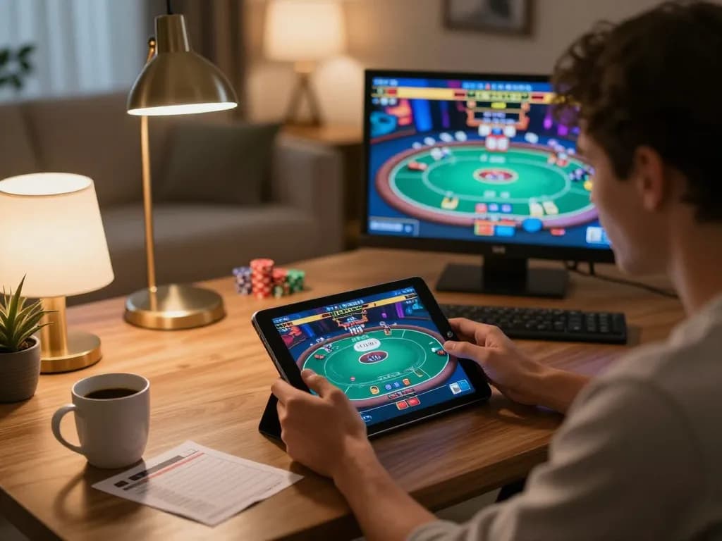 Player engaged in m120 poker game on tablet at home, showcasing strategic betting notes.