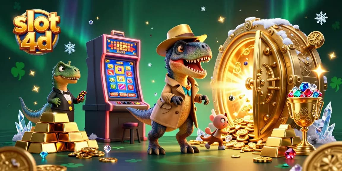 Experience slot 4d excitement with a futuristic velociraptor at a slot machine, floating gold and gems abound.