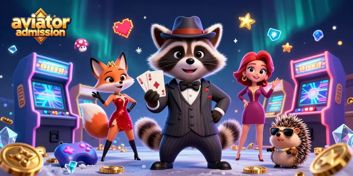 Aviator admission - suave raccoon holding a royal flush hand at a vibrant casino scene.