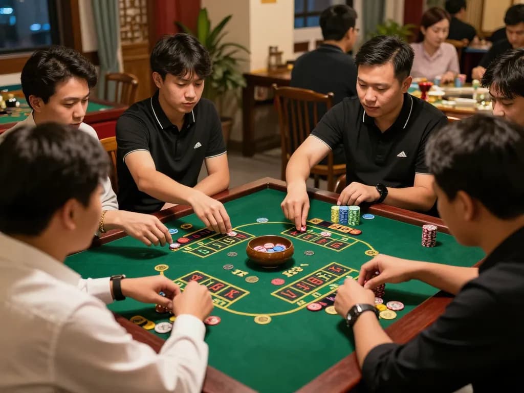 Xóc đĩa game featuring players betting and enjoying the vibrant atmosphere while anticipating outcomes