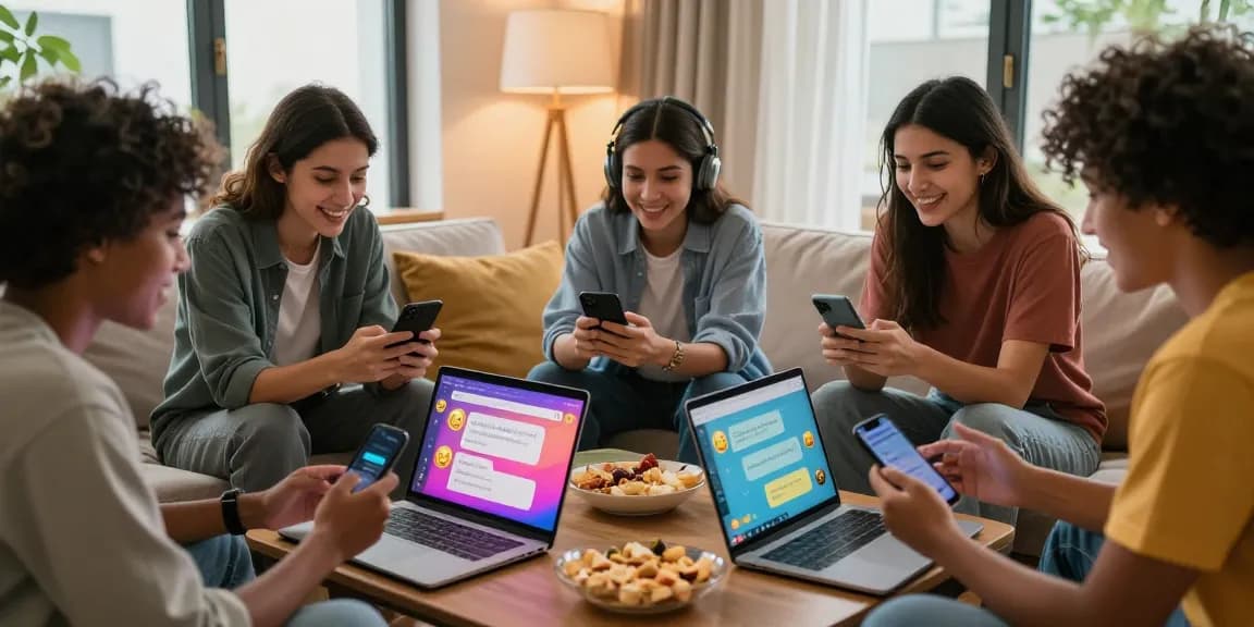 Diverse friends enjoying cozy chat session on شات فلة الخليج with smartphones and snacks.