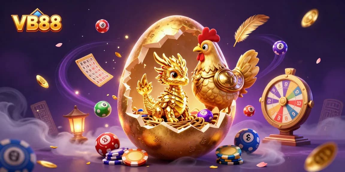 VB88 showcases a dynamic casino scene with a golden dragon and poker chips surrounded by vibrant game elements.