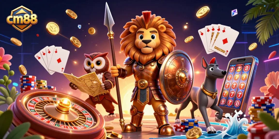 Experience the excitement at cm88 with a vibrant 3D casino themed illustration showcasing a Spartan lion, tactical owl, and swift greyhound.