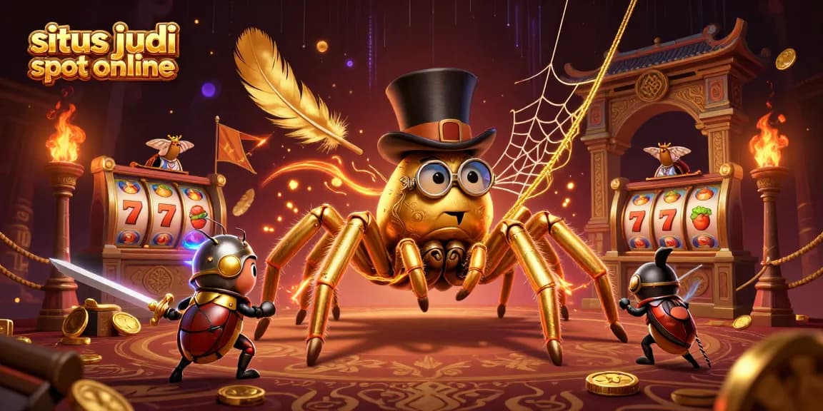 Situs judi slot online menampilkan tarantula emas raksasa dan ksatria kalajengking yang bersiap bertarung di aula kasino.