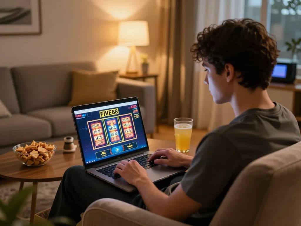 Engaging online gaming scene featuring a player on the FIVE88 website enjoying slots.