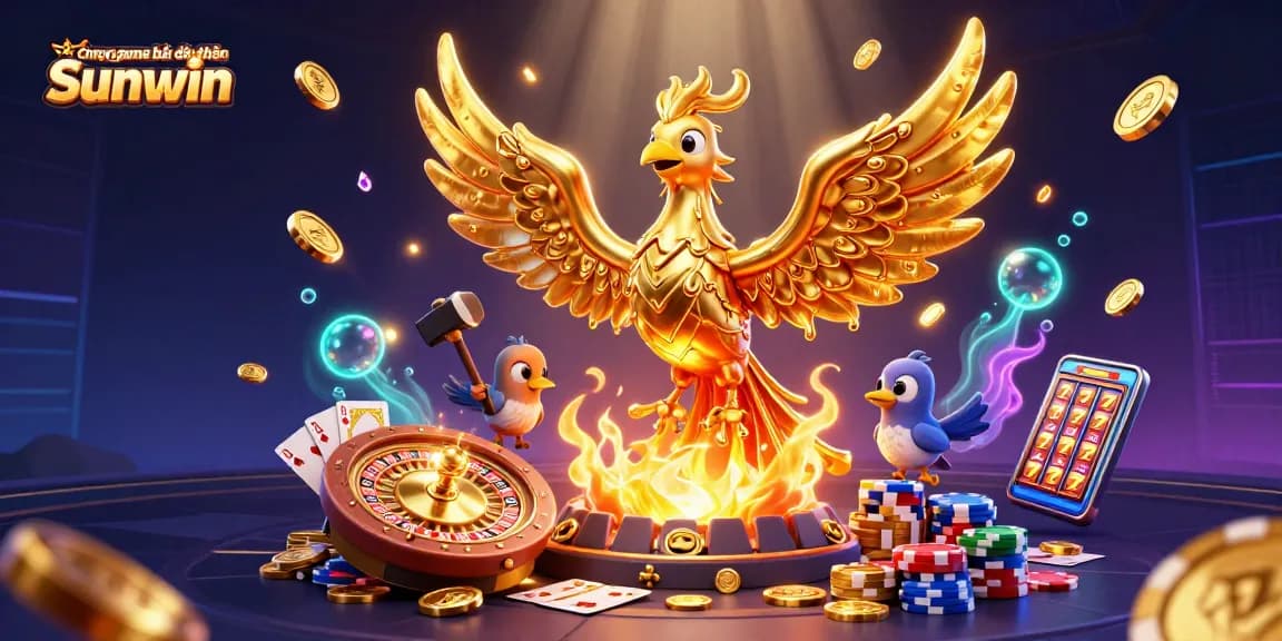 Cổng game bài đổi thưởng Sunwin showcases a molten gold phoenix and dynamic casino elements in a vibrant illustration.