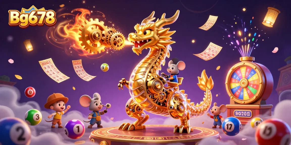 Engage in thrilling gameplay with Bg678, featuring a golden dragon and lottery elements in a vibrant casino scene.