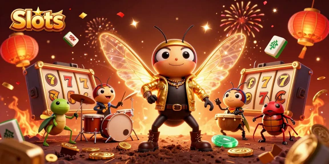 Engage in thrilling Slots gameplay as a cartoon cicada rock star leads a vibrant casino celebration.