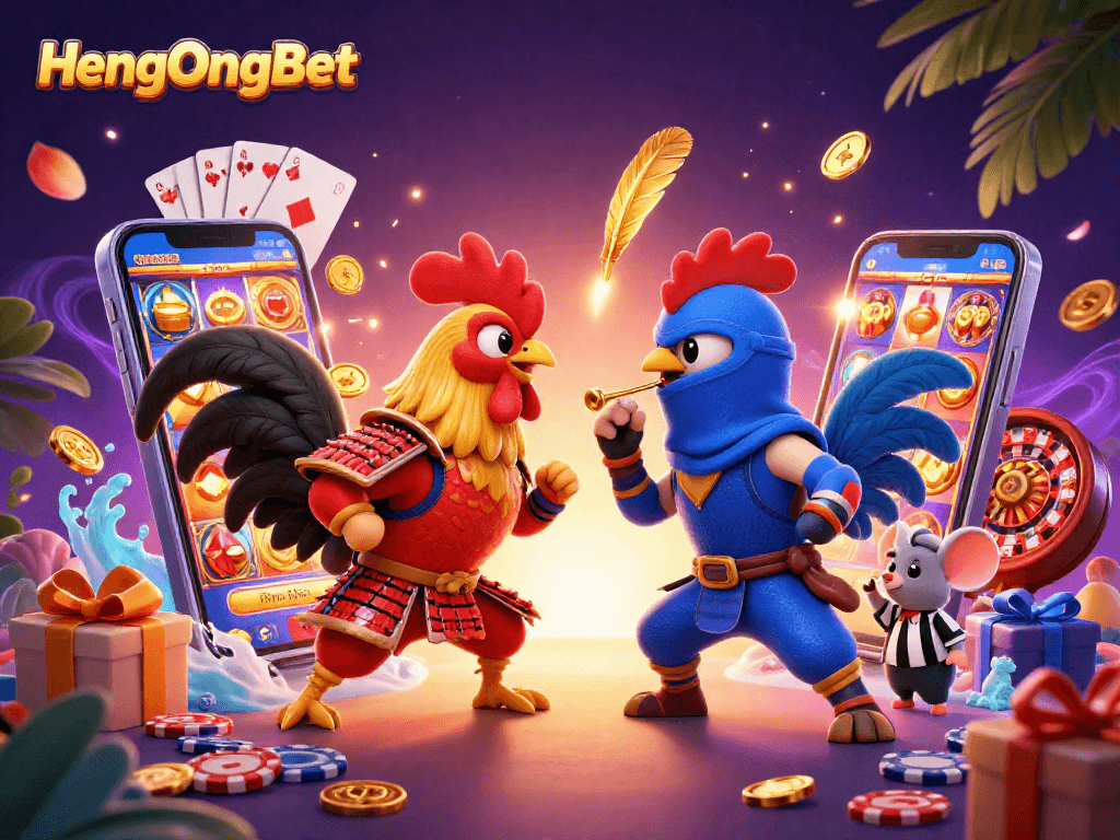 Watch the roosters battle it out in HengOngBet's exciting slot game illustration.
