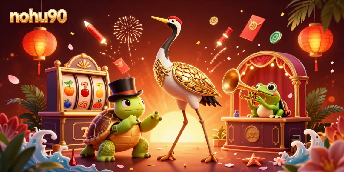 Nohu90 showcases exhilarating jackpot slots with vibrant characters and festive elements in a lively casino atmosphere.