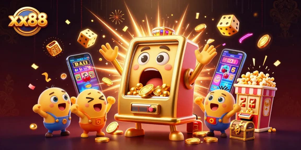Experience xx88 casino thrills with a golden slot machine hitting a jackpot, surrounded by festive elements.