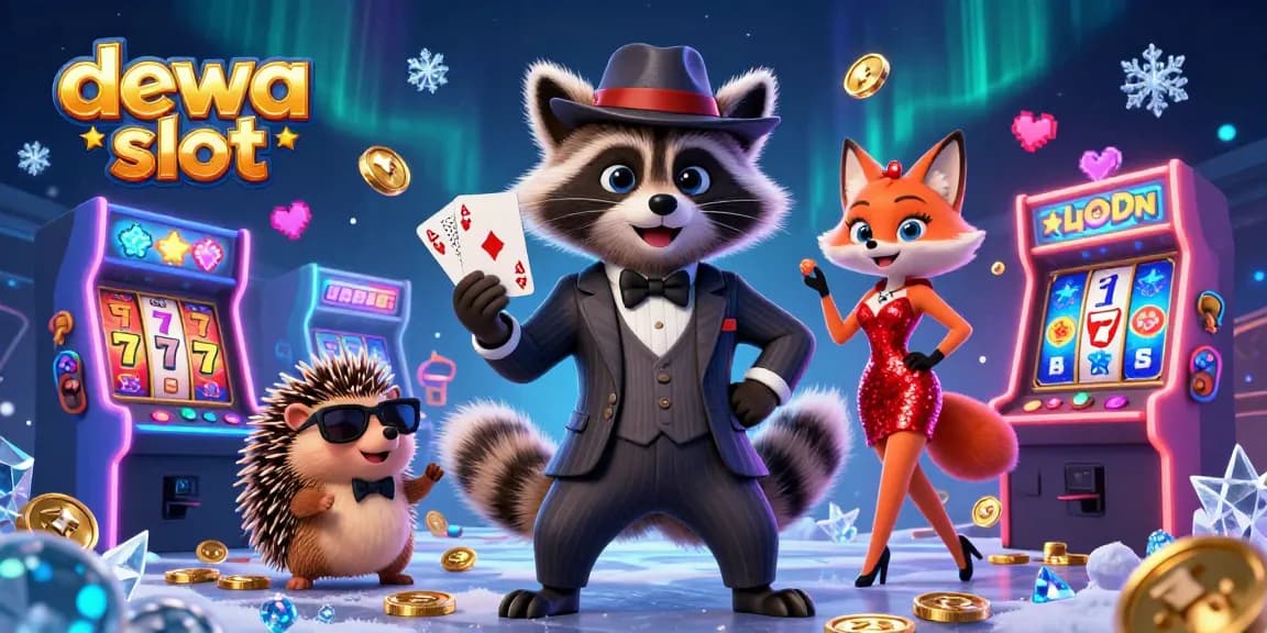 Dewa slot gaming scene featuring a raccoon, fox, and hedgehog surrounded by vibrant slot machines and shining coins.