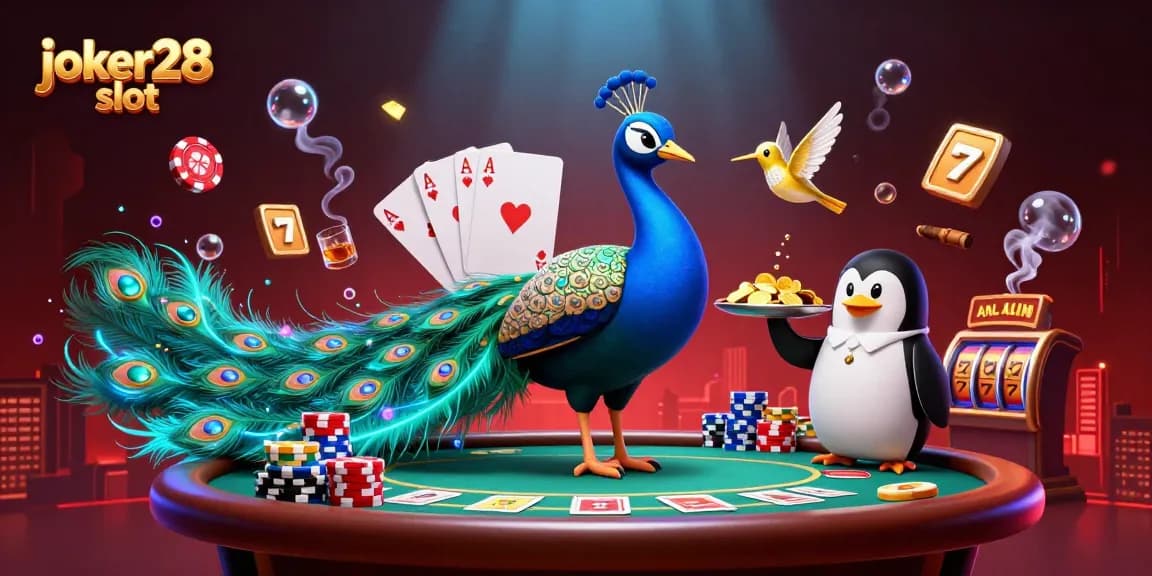 Joker28 slot menghadirkan permainan seru dengan keanggunan burung merak dan keseruan meja poker