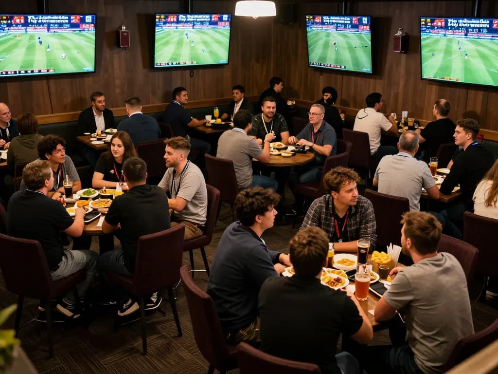 Fans engaged in sports betting, reviewing tỷ lệ bóng đá kèo nhà cái at a vibrant lounge filled with excitement.