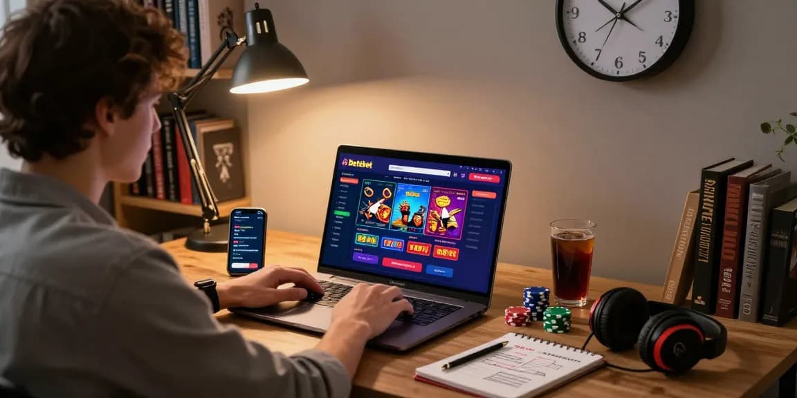 Engaged player exploring Betebet online gaming platform with laptop, cozy home office setting.