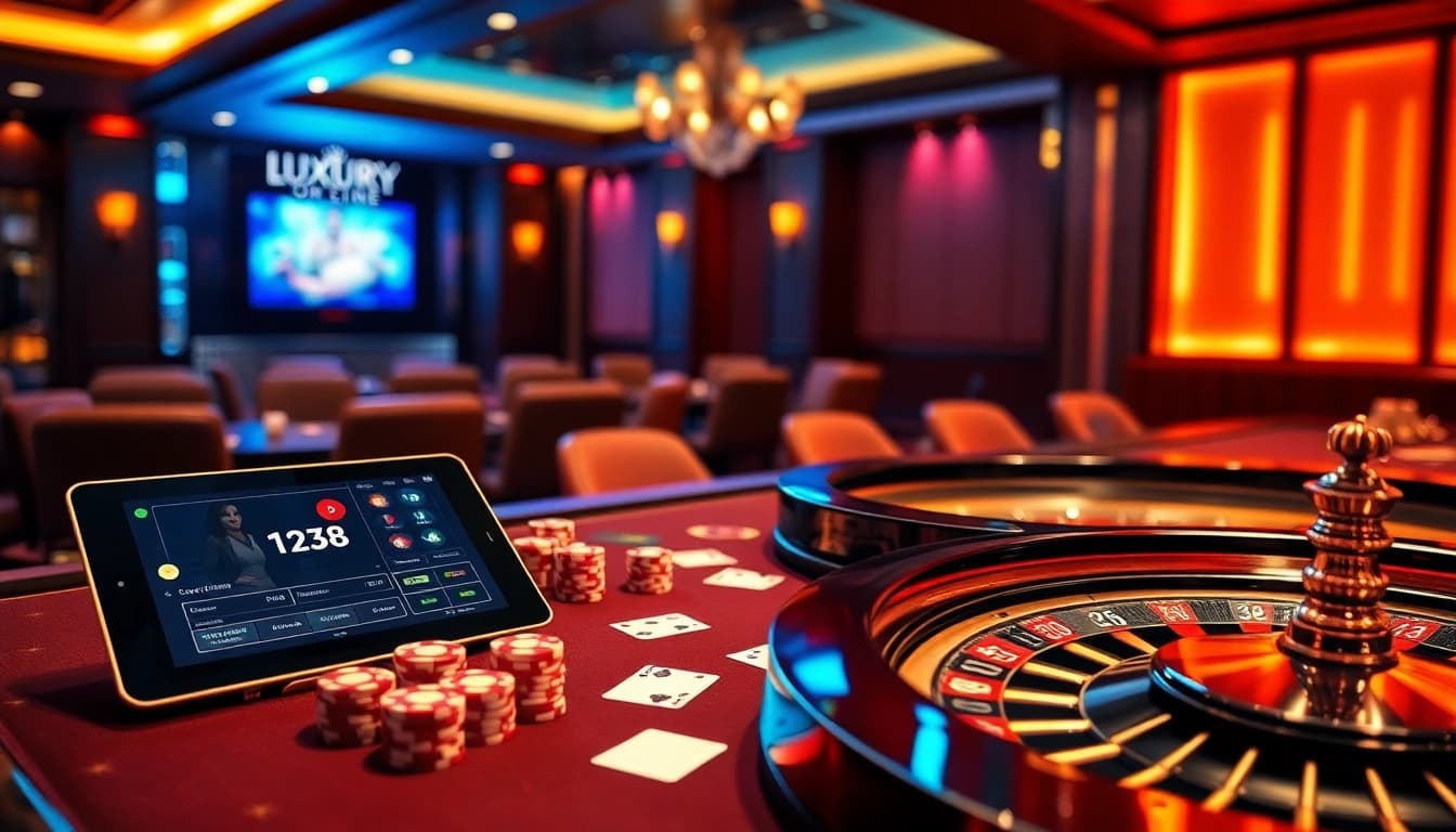 Experience luxury138 with an elegant casino gaming scene showcasing poker tables and roulette wheels.