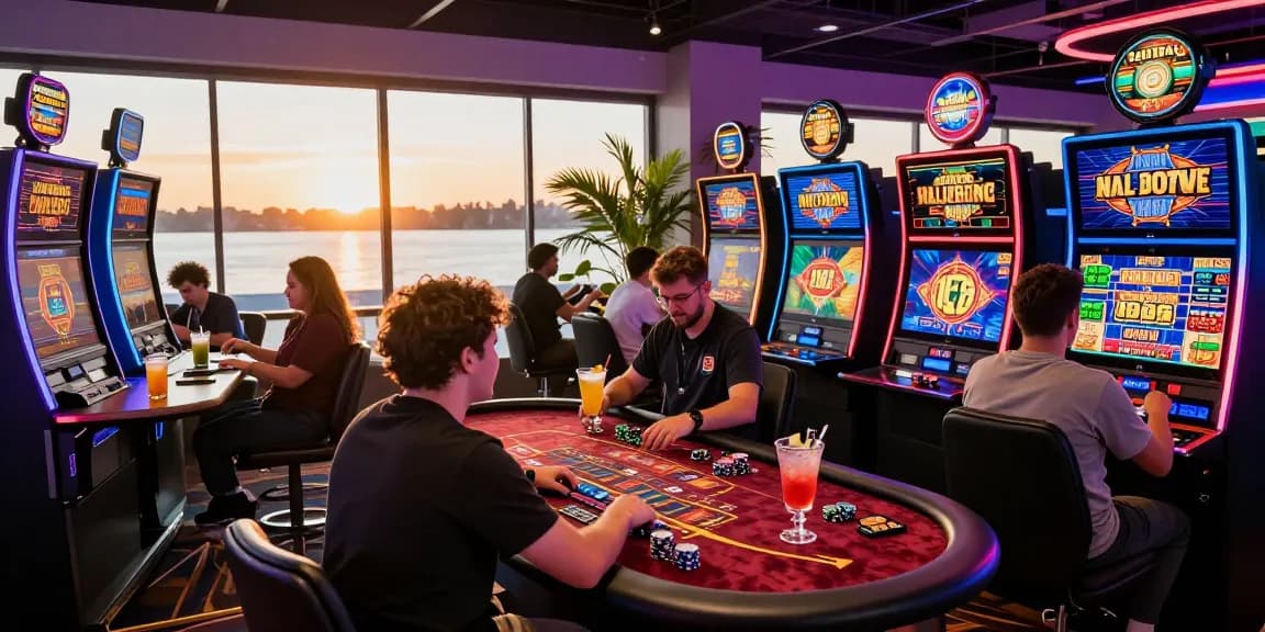 Players enjoying vibrant online casinos Australia, showcasing slot machines, card tables, and lively atmosphere.