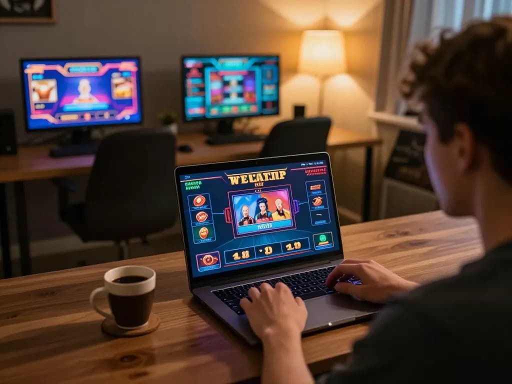 Player engaged in online gambling with hm88 displaying colorful game graphics on laptop