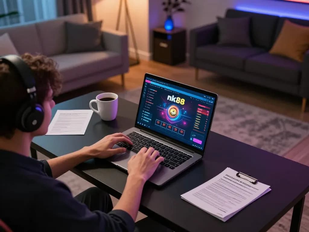 Engaging in online gambling at nk88 platform with a stylish gaming setup and betting notes