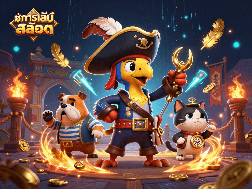 Experience ทดลองเล่นสล็อต with a pirate captain, bulldog, and ship's cat amidst a vibrant casino scene.