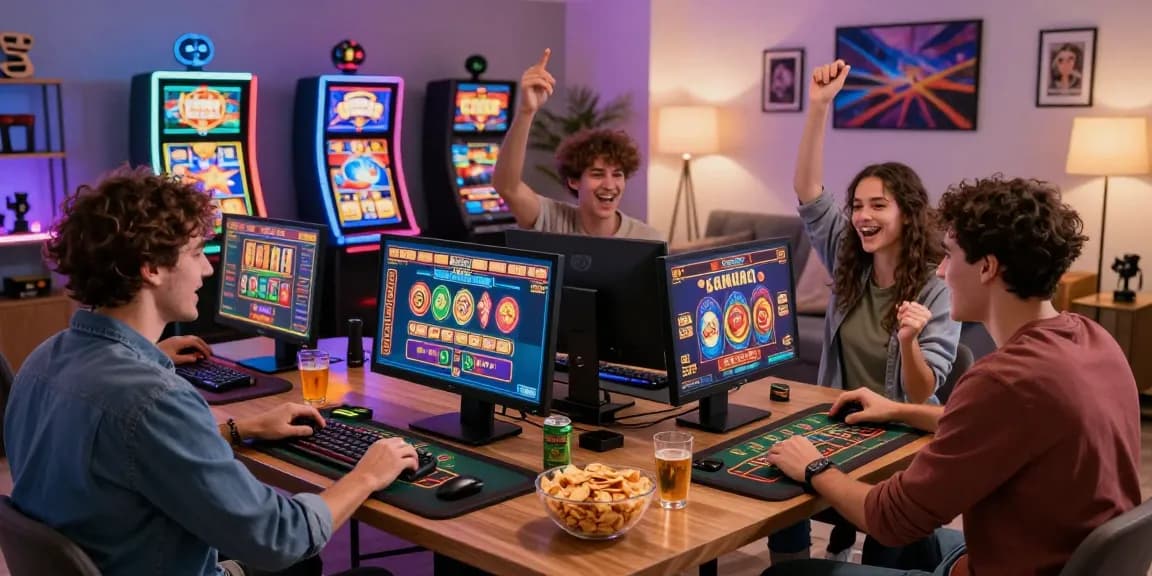 Friends enjoying an exciting gaming session at https://dea.org.uk, featuring vibrant credit card casino games and a festive atmosphere.