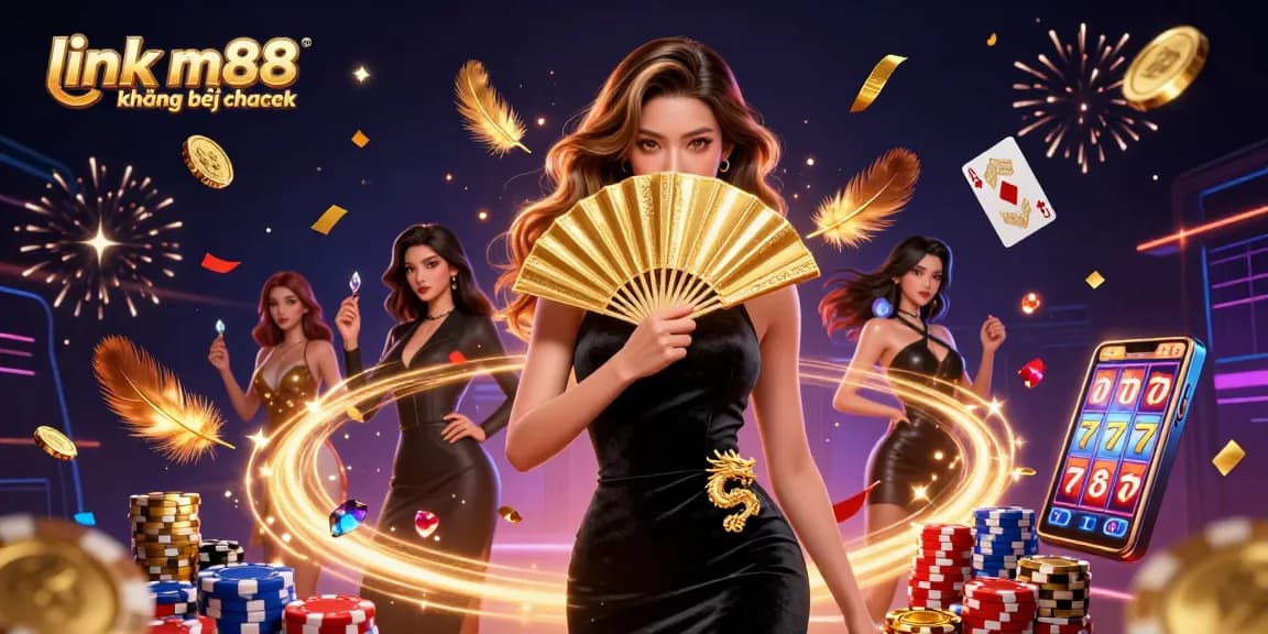 Chơi những trò chơi thú vị với link m88 không bị chặn, thể hiện một cảnh hấp dẫn đầy các yếu tố sòng bạc sống động.