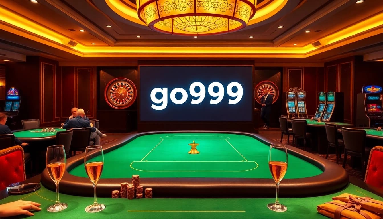 Experience the exciting online gaming world at go999 with a vibrant casino atmosphere featuring poker tables and slot machines.