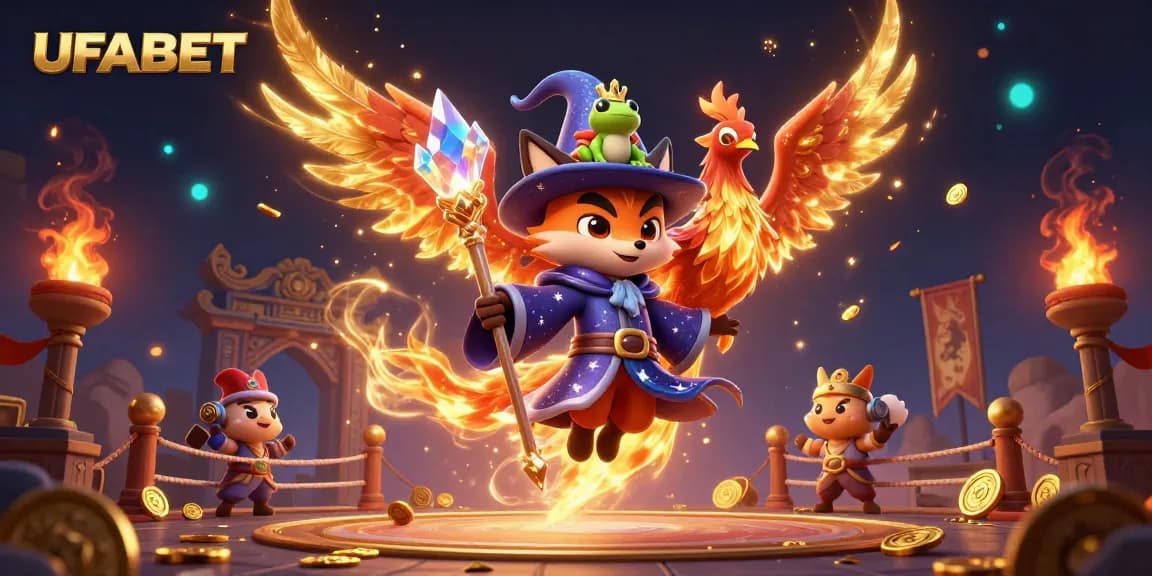 Experience thrilling gameplay with UFABET, featuring a mystical wizard fox and a fiery phoenix in action.