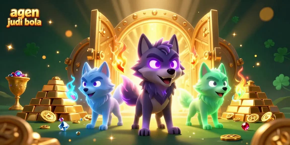 Engage with the excitement of agen judi bola amidst a dynamic scene of animated wolves and treasures.