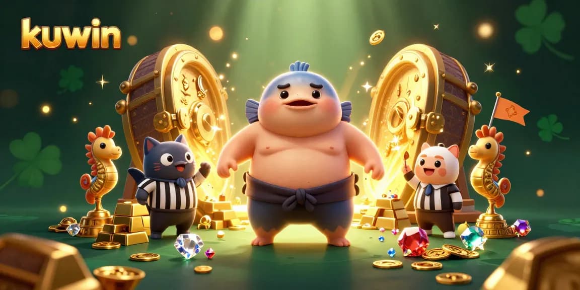 Kuwin captures excitement with a massive fugu in a sumo ring surrounded by treasure and cheering fish fans.