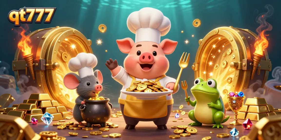 Discover thrilling qt777 gaming with a pig chef, mouse sous-chef, and frog critic in a dynamic casino scene.