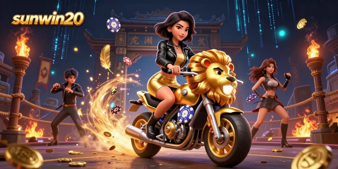A glamorous scene showcasing sunwin20 where a stylish woman rides a golden lion amidst rich casino elements and dynamic effects.
