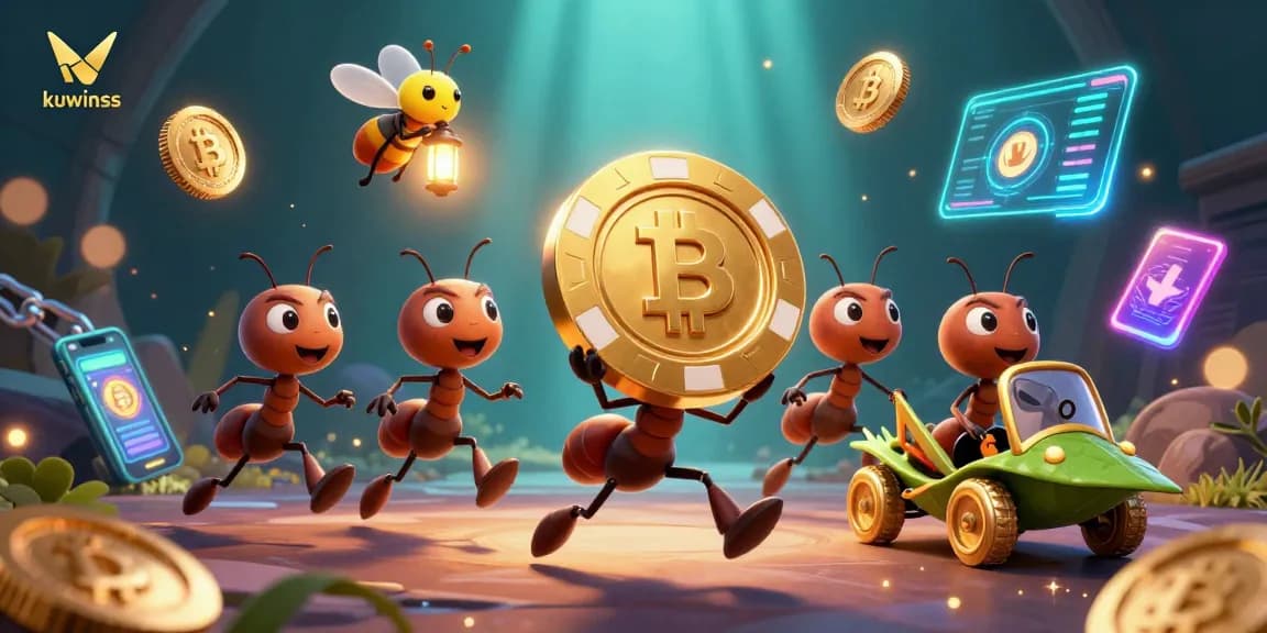 Kuwinss ants heist scene with poker chip and glowing cryptocurrencies, showcasing vibrant gambling action