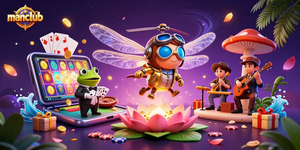 Engage in thrilling casino action at manclub with a dragonfly dealer and poker games backdrop.