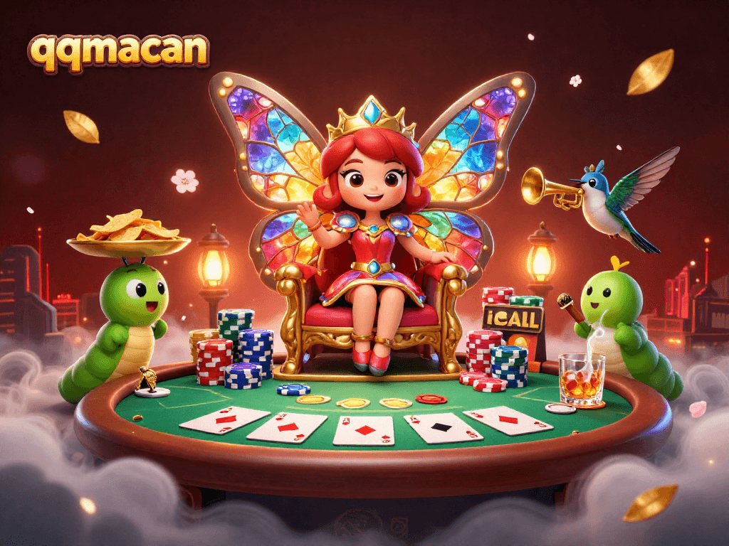 Join the excitement at qqmacan with the butterfly queen in a vibrant 3D casino scene.