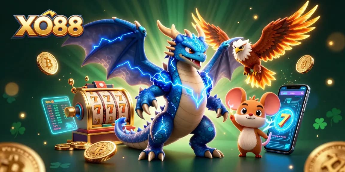 Engage with thrilling slot games at XO88 featuring colorful slot reels and wild characters.