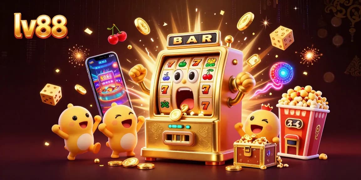 Win big at lv88 with a golden slot machine celebrating its jackpot amidst vibrant casino elements.