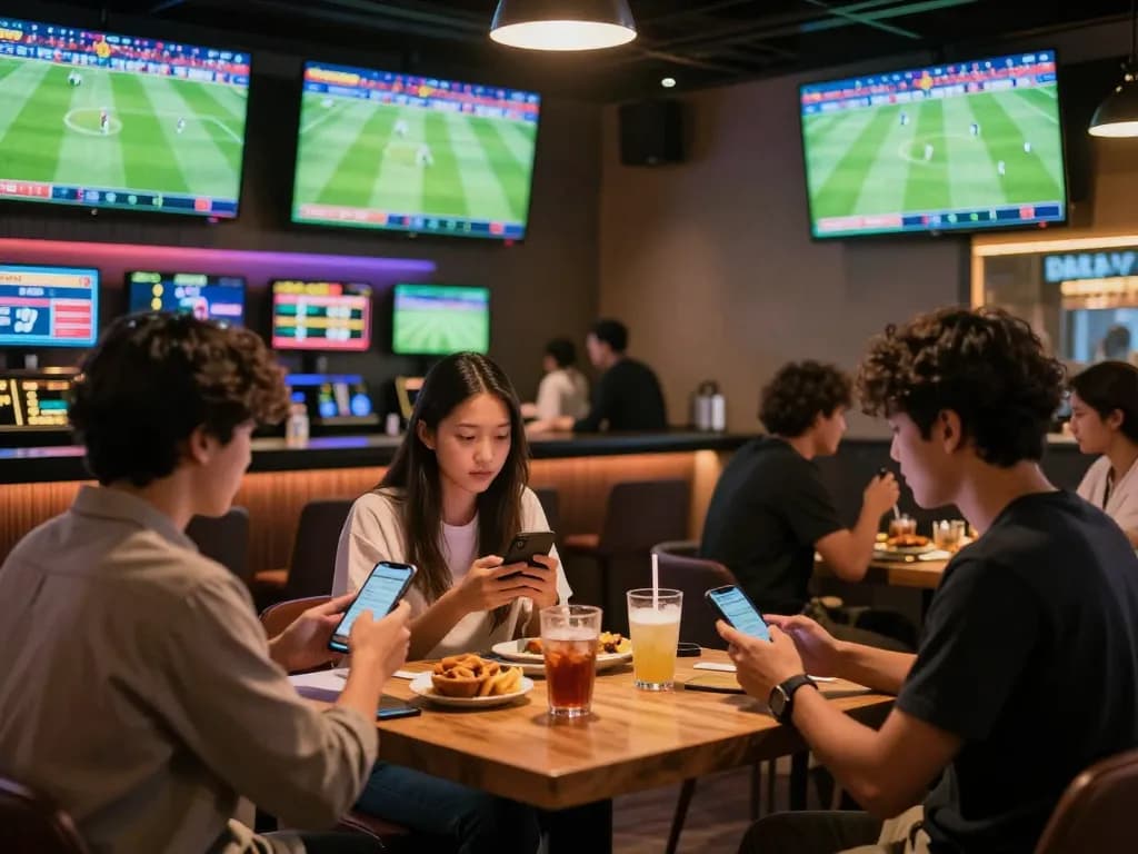 BONGDALU patrons excitedly betting on live soccer matches at a sports betting bar.