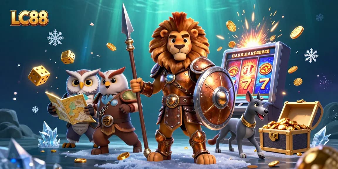 Join the action at LC88 with a vibrant casino scene featuring a lion, owl, and greyhound celebrating a jackpot!