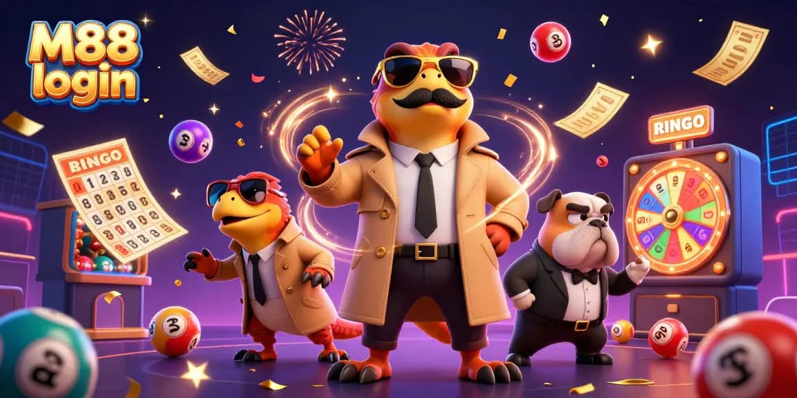 M88 login scene with raptors in a trench coat, vibrant casino elements, and festive atmosphere