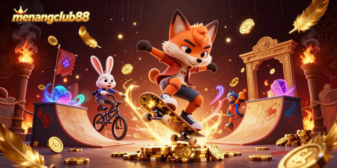 Experience the thrill of menangclub88 as a cartoon fox executes a trick over golden poker chips.