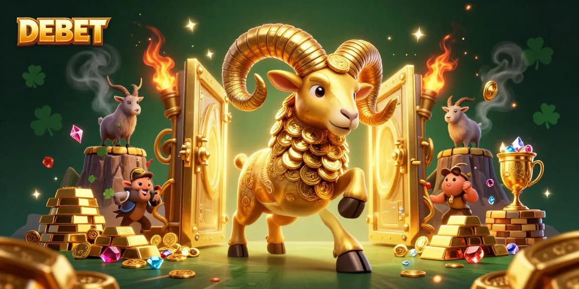DEBET showcases a magnificent golden ram charging through a treasure vault, embodying the thrill of casino victories