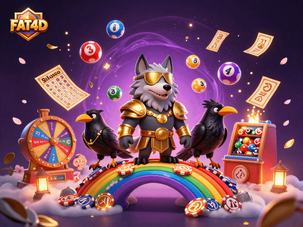 FAT4D showcases a Norse-inspired scene with Odin and ravens celebrating casino wins amidst vibrant gaming elements.