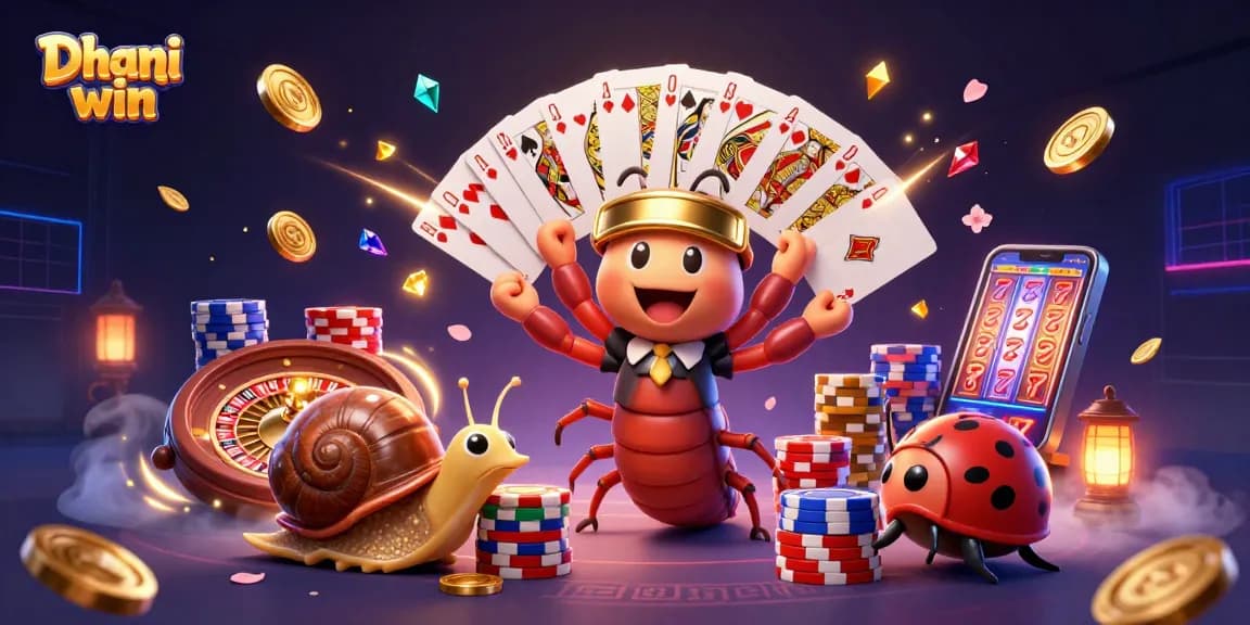 Dhani win players celebrate winning moments with a colorful casino-themed illustration featuring animated characters and rich game elements.