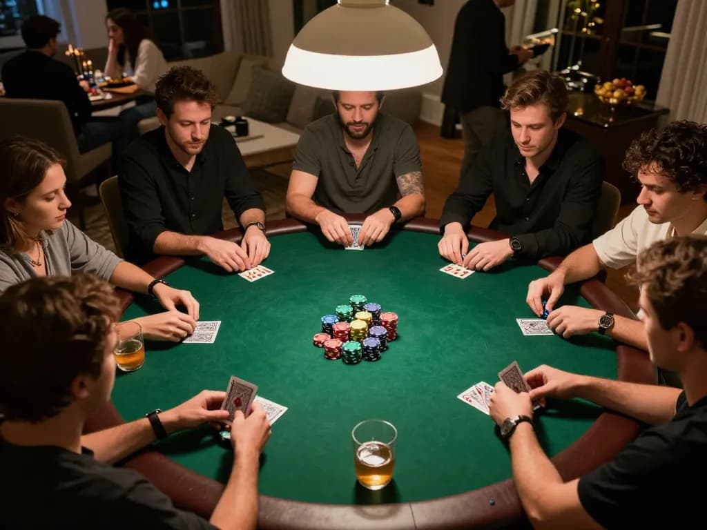 Players engaging in a high-stakes poker game at home, emphasizing trust in nhacaiuytin.