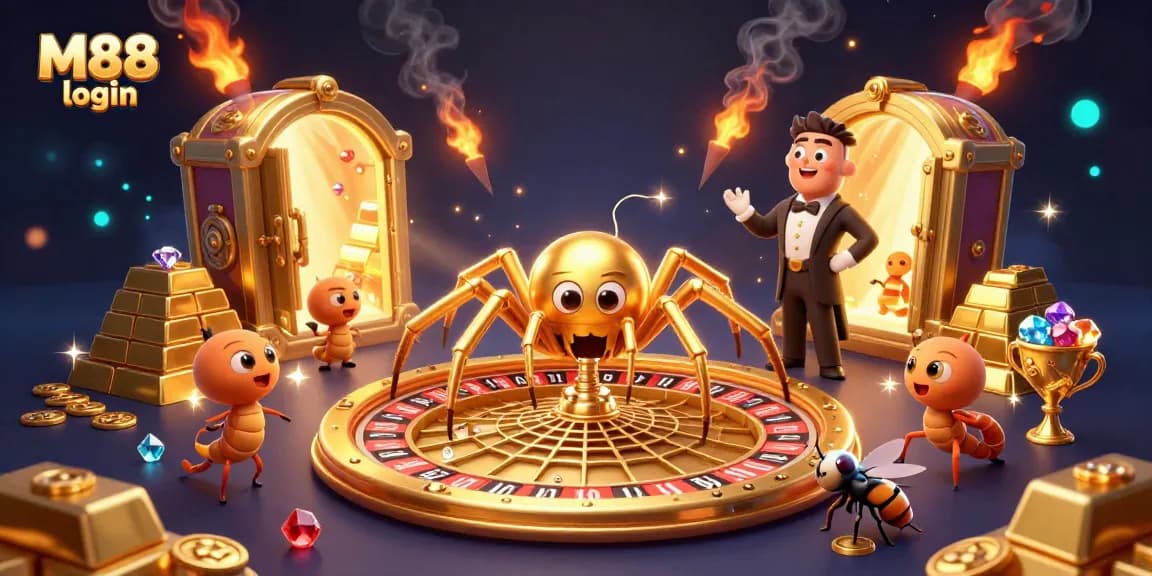 Engage with M88 login, showcasing a golden spider spinning a roulette wheel web amidst treasures in an exciting casino scene.