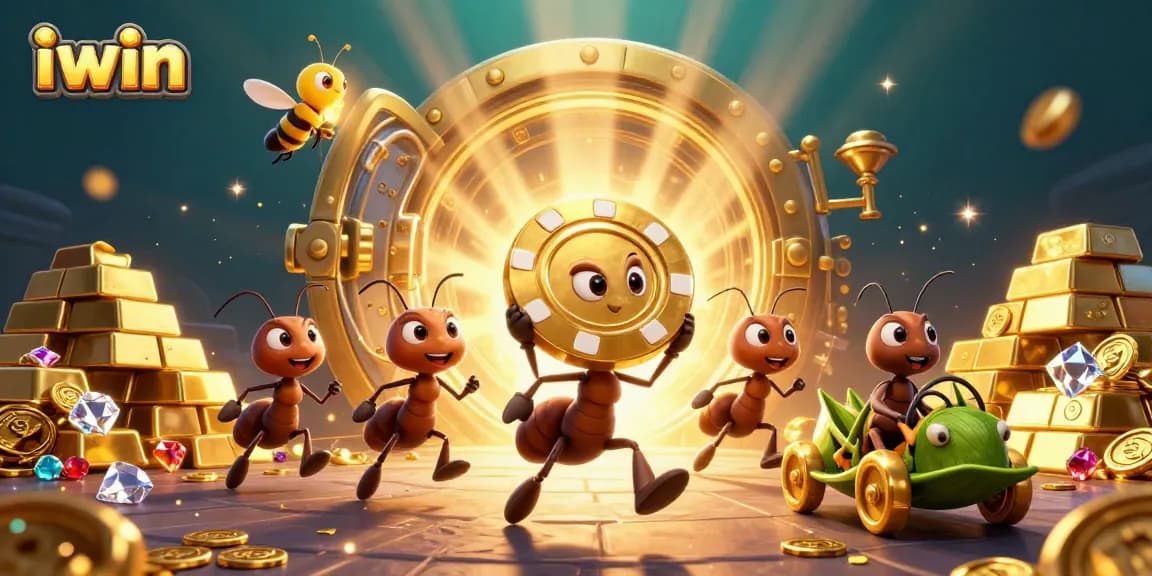 iwin brand-themed illustration of playful ants stealing a giant poker chip in a vibrant casino heist scene.