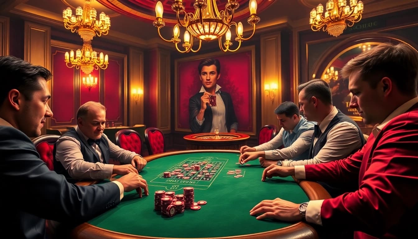 Engaging poker game scene with gilajp-themed chips, showcasing high-stakes gambling excitement.