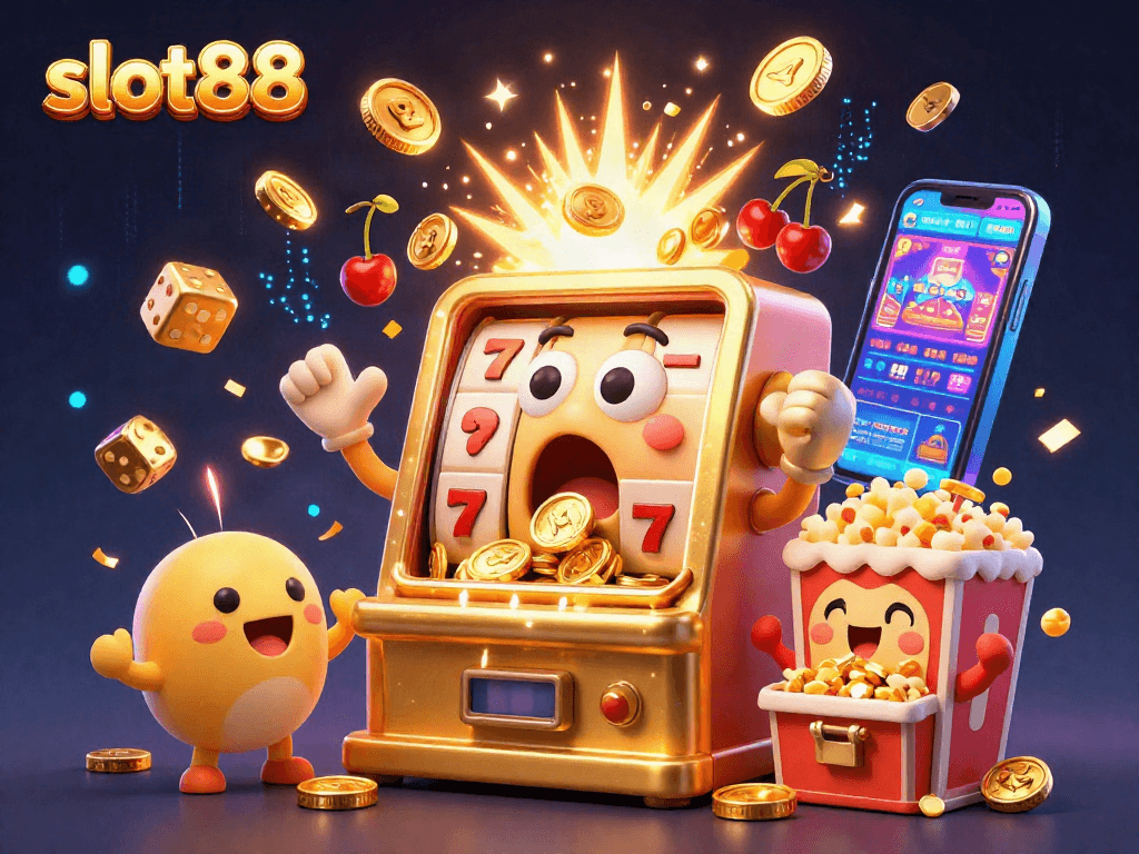 Celebrate slot88 wins with a joyful 3D golden slot machine bursting with jackpot coins.